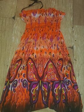 Vibrant Orange Butterfly Print Strapless Dress